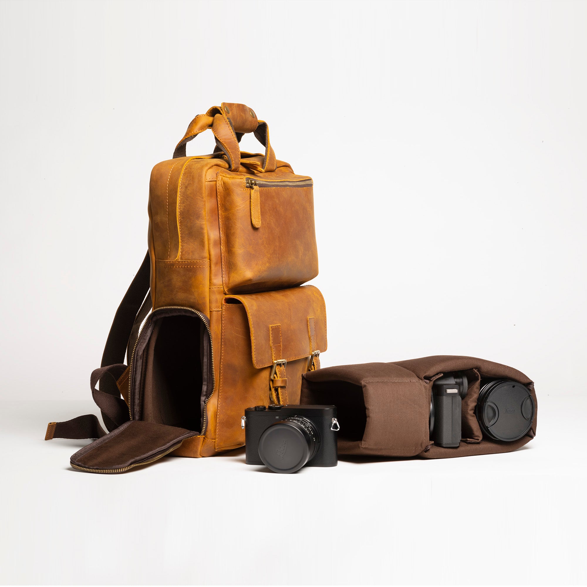 Illustrative example of leather camera backpack